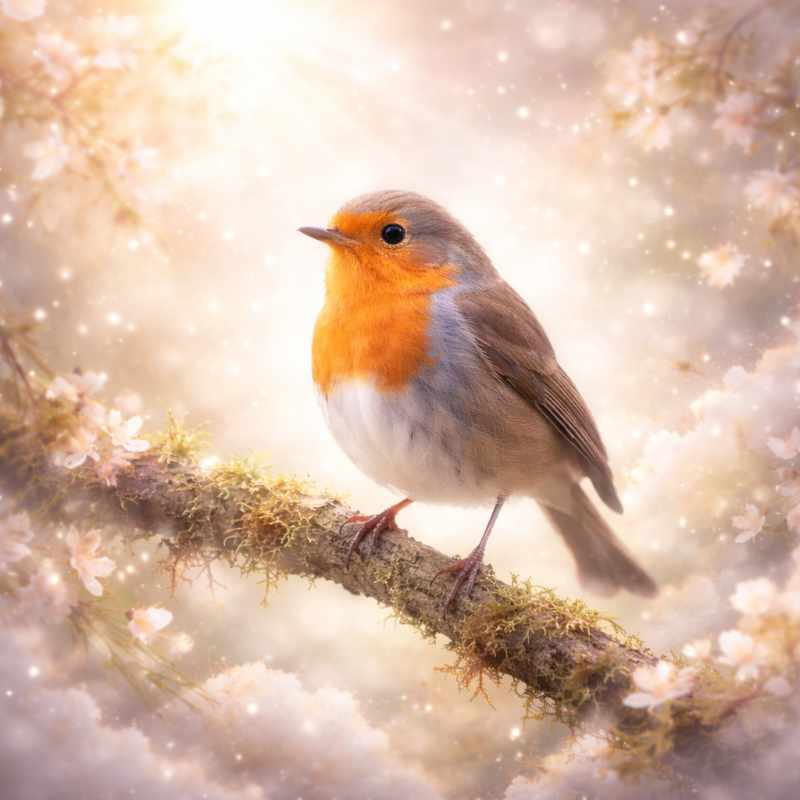 European robin in soft, heavenly light